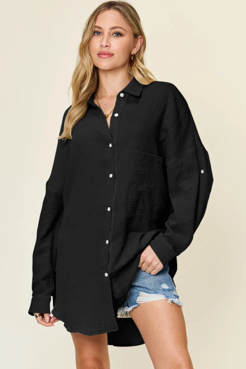Full Size Pocketed Texture Button Up Shirt - Deb Shops