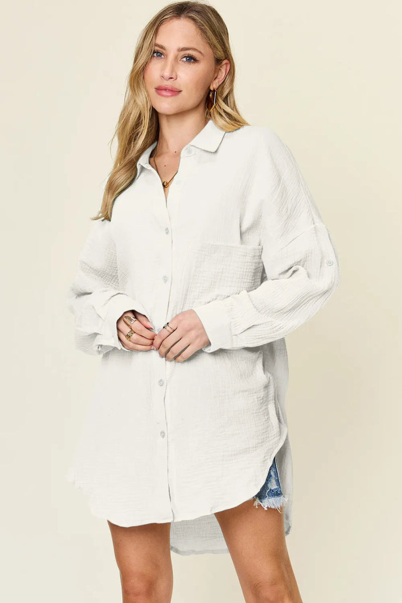 Full Size Pocketed Texture Button Up Shirt - Deb Shops