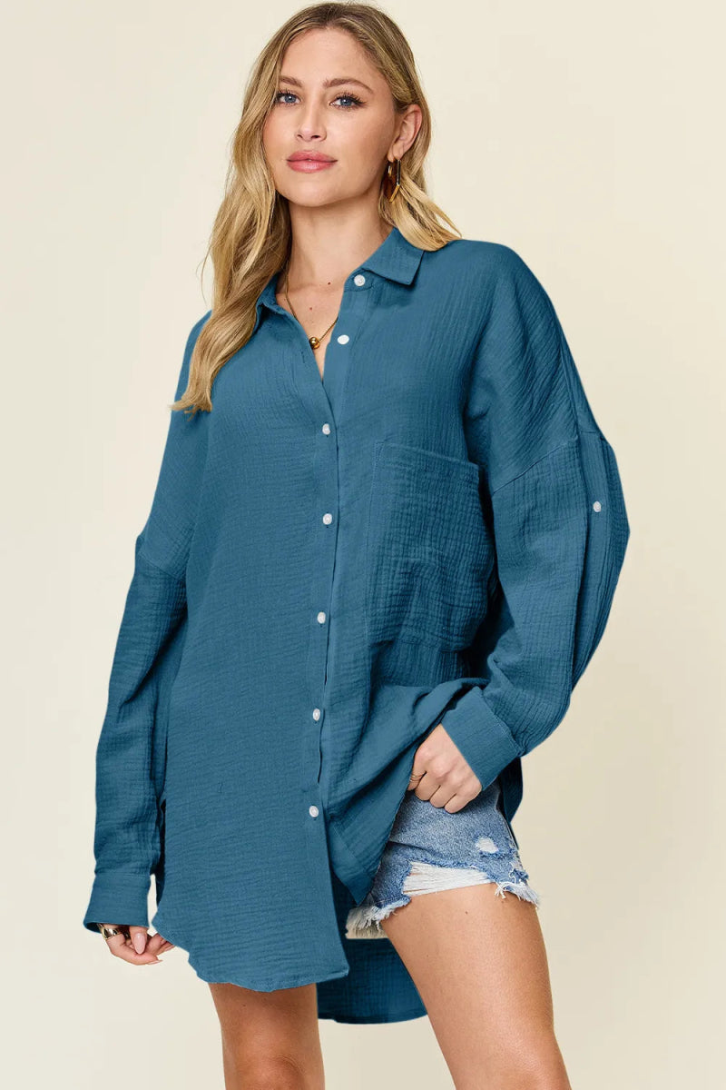 Full Size Pocketed Texture Button Up Shirt - Deb Shops