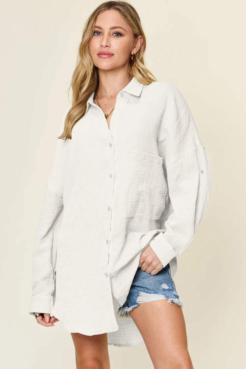 Full Size Pocketed Texture Button Up Shirt - Deb Shops