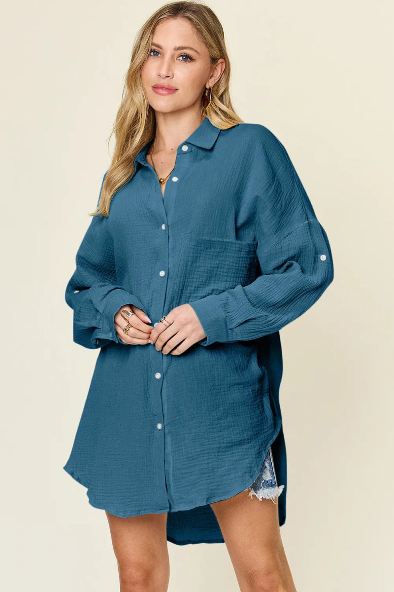 Full Size Pocketed Texture Button Up Shirt - Deb Shops
