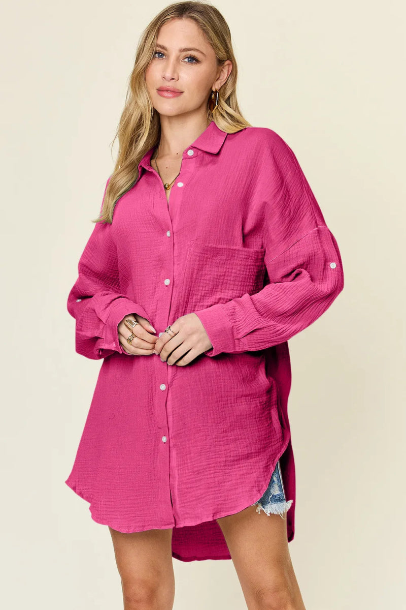 Full Size Pocketed Texture Button Up Shirt - Deb Shops