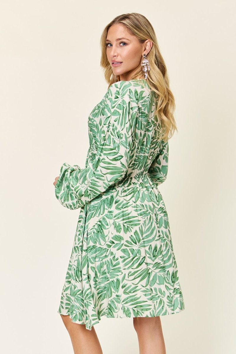 Full Size Printed Ruched Balloon Sleeve Dress - Deb Shops