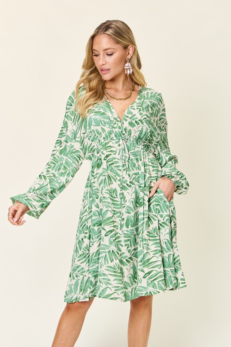 Full Size Printed Ruched Balloon Sleeve Dress - Deb Shops