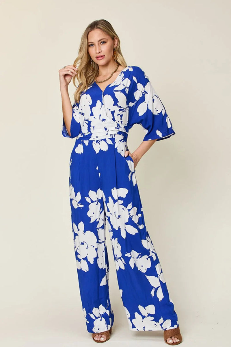Full Size Printed Tie Back Wide Leg Jumpsuit - Deb Shops