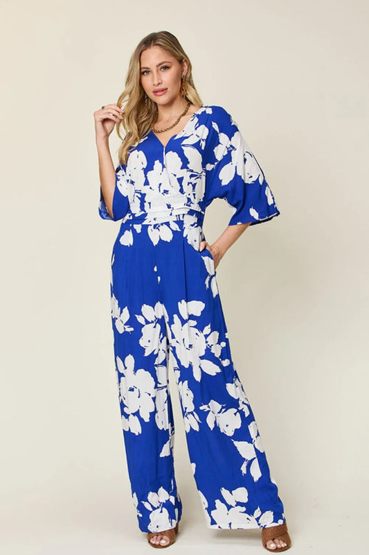 Full Size Printed Tie Back Wide Leg Jumpsuit - Deb Shops