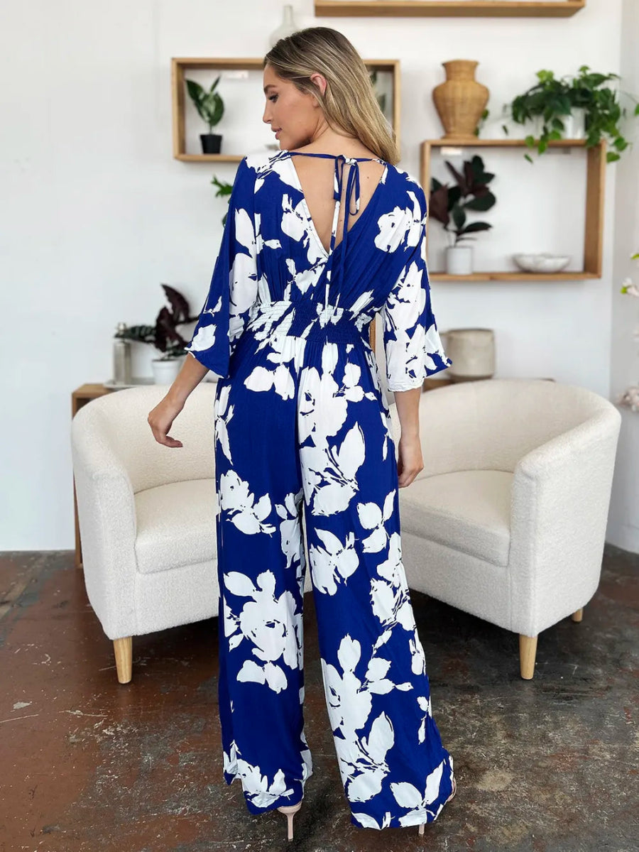 Full Size Printed Tie Back Wide Leg Jumpsuit - Deb Shops
