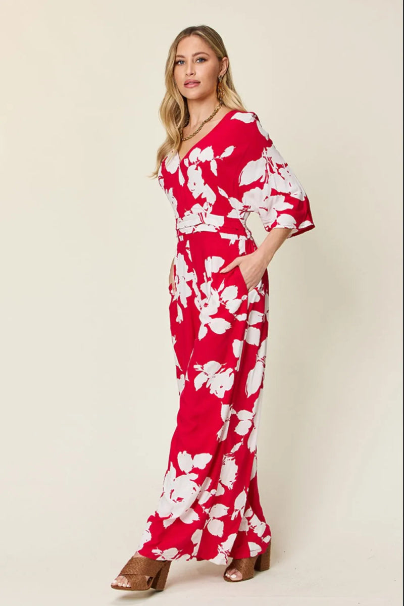 Full Size Printed Tie Back Wide Leg Jumpsuit - Deb Shops