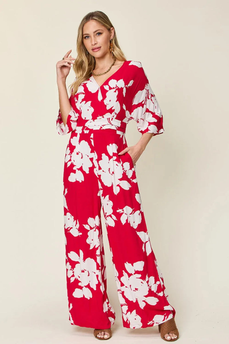 Full Size Printed Tie Back Wide Leg Jumpsuit - Deb Shops