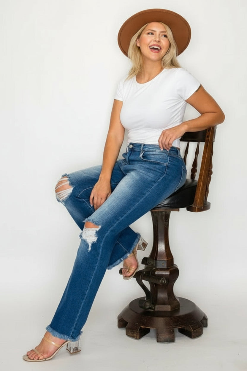Full Size Raw Hem Distressed High Rise Bootcut Jeans - Deb Shops