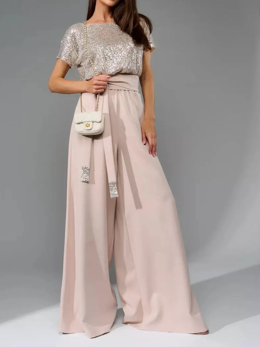 Full Size Sequin Round Neck Short Sleeve Wide Leg Jumpsuit - Deb Shops