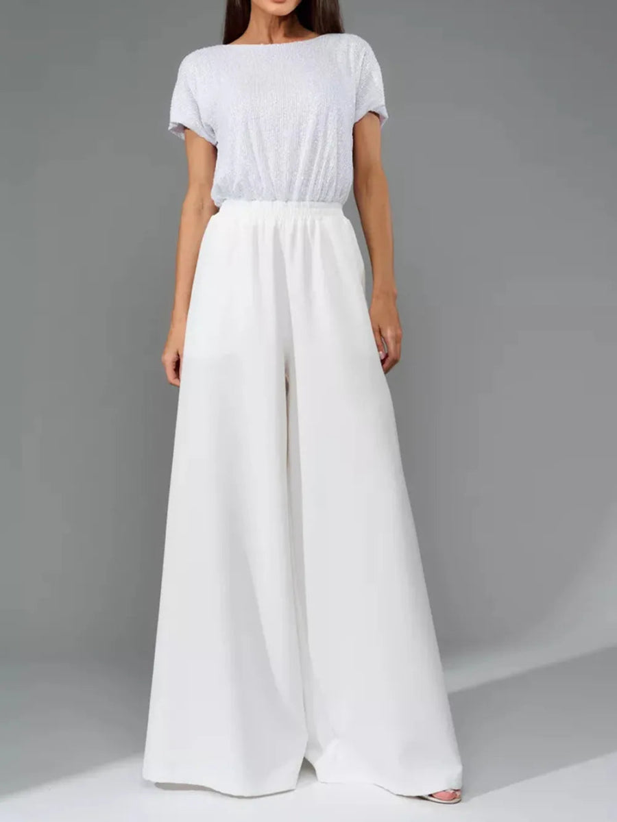Full Size Sequin Round Neck Short Sleeve Wide Leg Jumpsuit - Deb Shops
