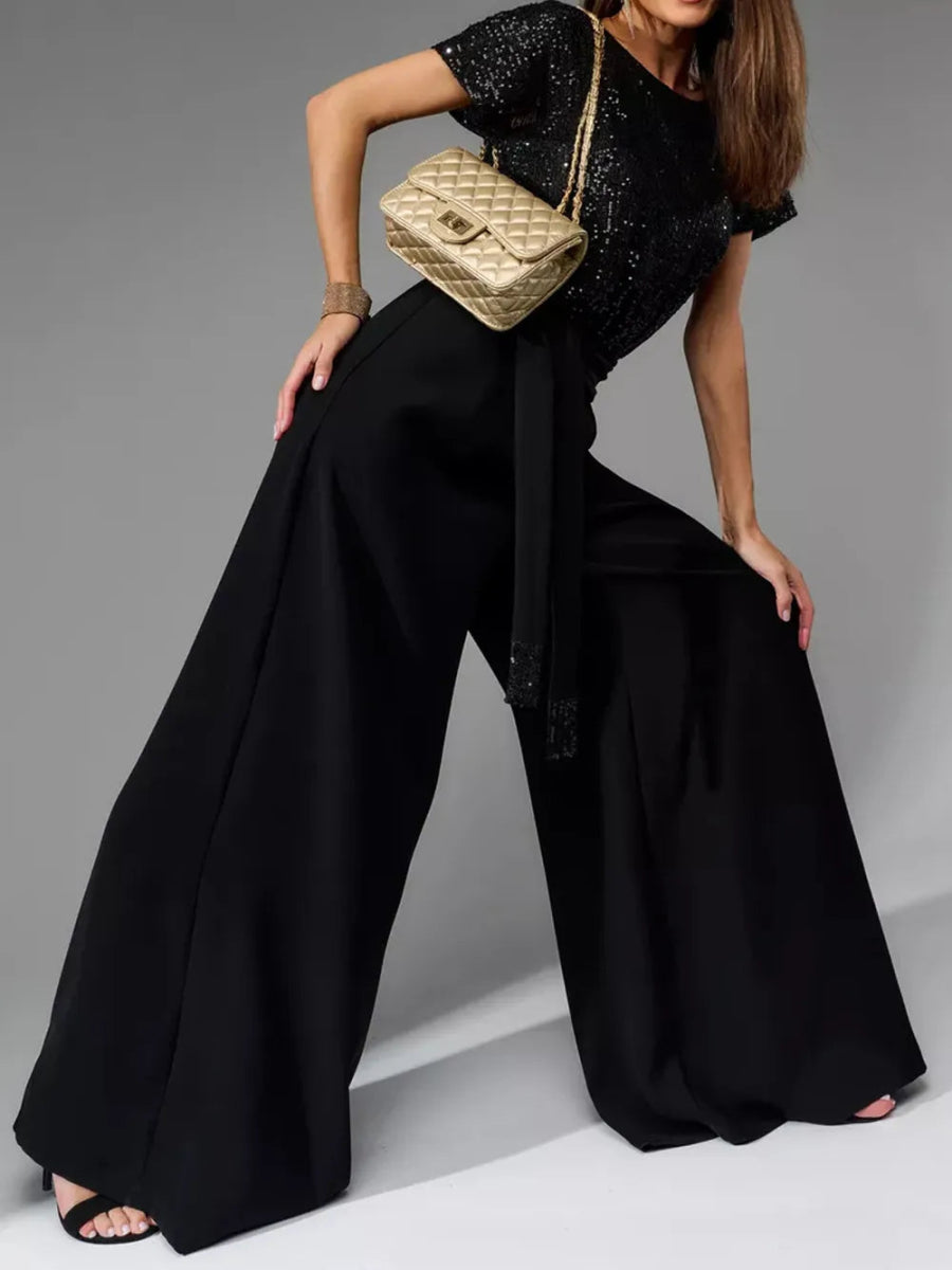 Full Size Sequin Round Neck Short Sleeve Wide Leg Jumpsuit - Deb Shops