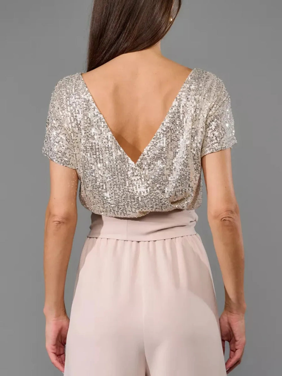 Full Size Sequin Round Neck Short Sleeve Wide Leg Jumpsuit - Deb Shops
