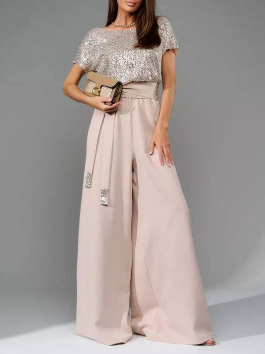 Full Size Sequin Round Neck Short Sleeve Wide Leg Jumpsuit - Deb Shops
