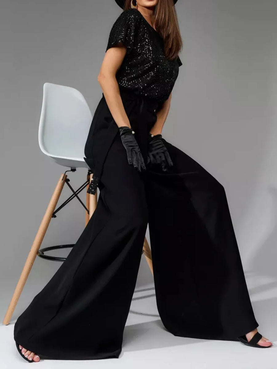 Full Size Sequin Round Neck Short Sleeve Wide Leg Jumpsuit - Deb Shops