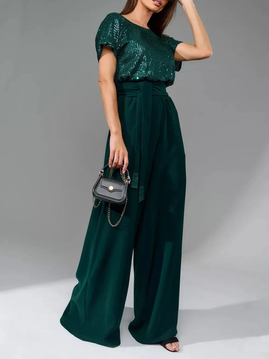 Full Size Sequin Round Neck Short Sleeve Wide Leg Jumpsuit - Deb Shops