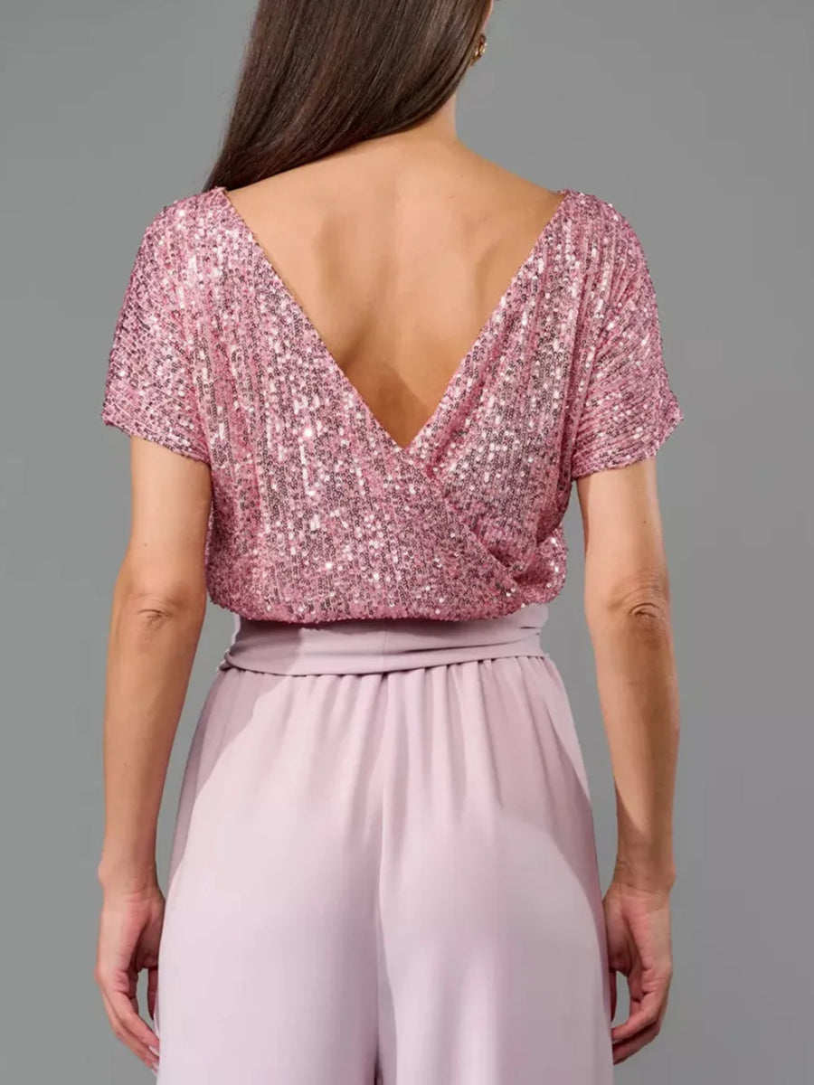 Full Size Sequin Round Neck Short Sleeve Wide Leg Jumpsuit - Deb Shops