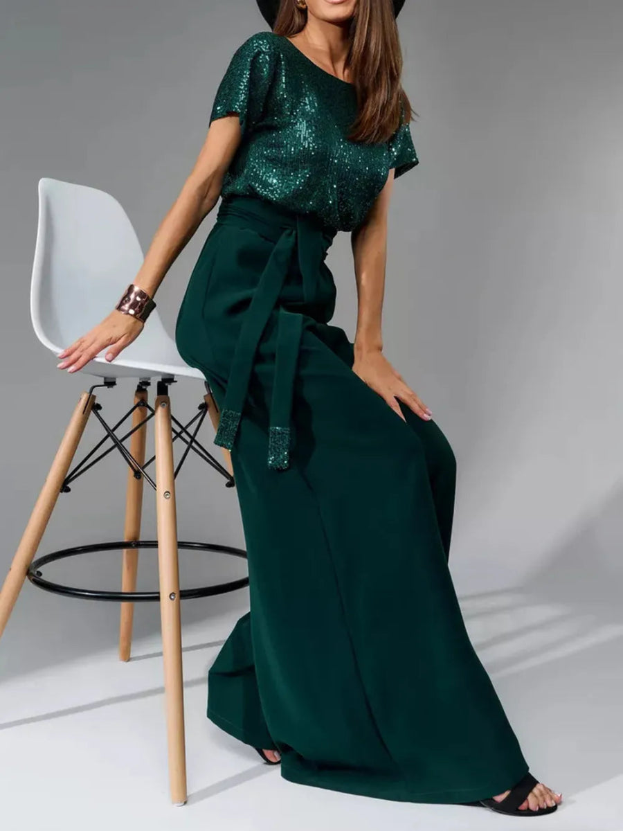 Full Size Sequin Round Neck Short Sleeve Wide Leg Jumpsuit - Deb Shops