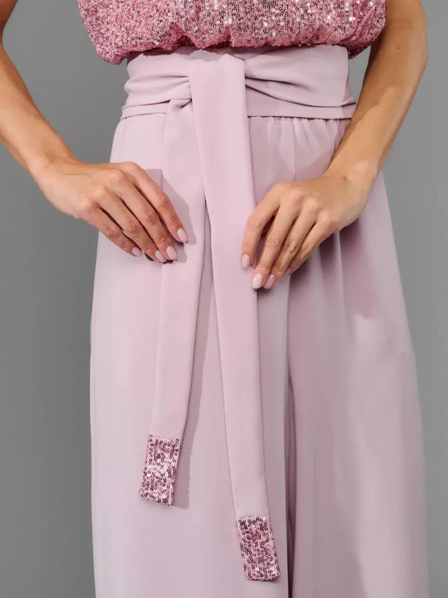 Full Size Sequin Round Neck Short Sleeve Wide Leg Jumpsuit - Deb Shops