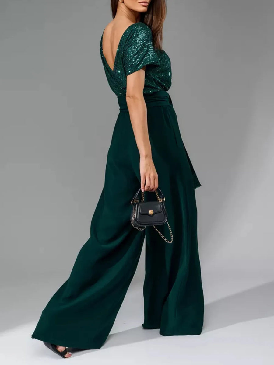 Full Size Sequin Round Neck Short Sleeve Wide Leg Jumpsuit - Deb Shops