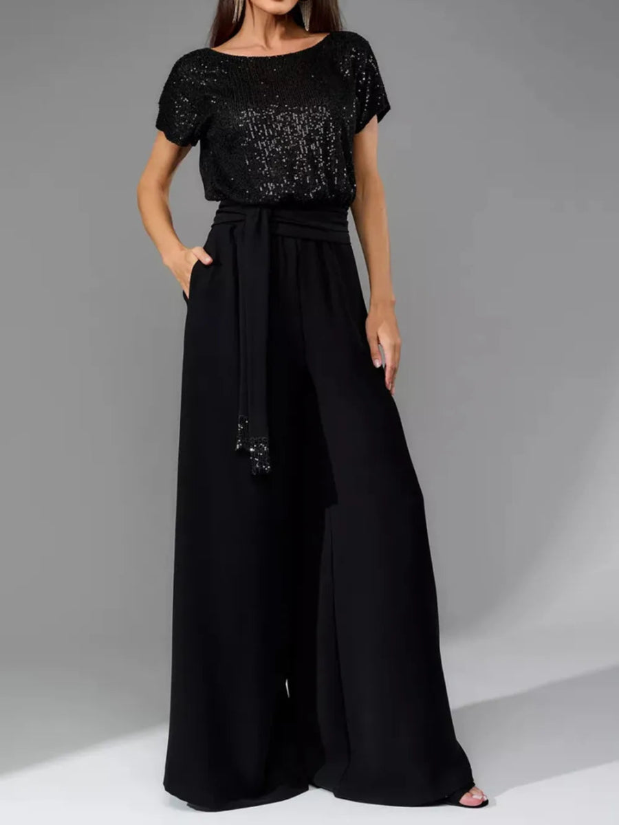Full Size Sequin Round Neck Short Sleeve Wide Leg Jumpsuit - Deb Shops