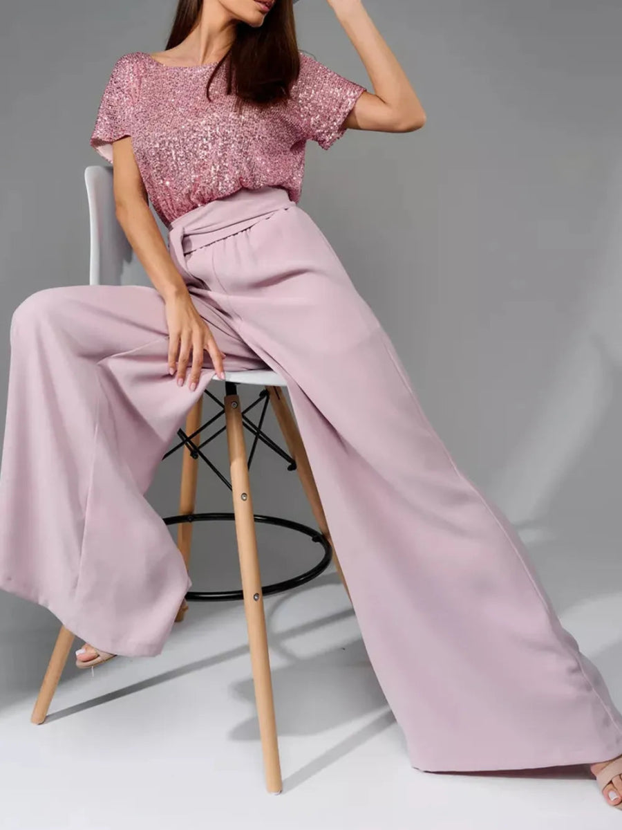 Full Size Sequin Round Neck Short Sleeve Wide Leg Jumpsuit - Deb Shops