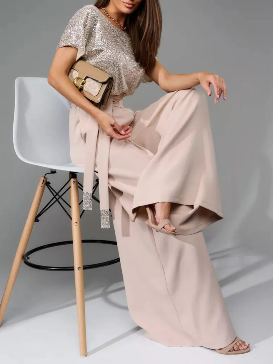 Full Size Sequin Round Neck Short Sleeve Wide Leg Jumpsuit - Deb Shops