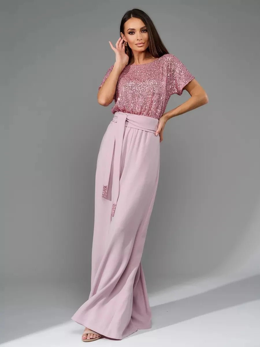 Full Size Sequin Round Neck Short Sleeve Wide Leg Jumpsuit - Deb Shops