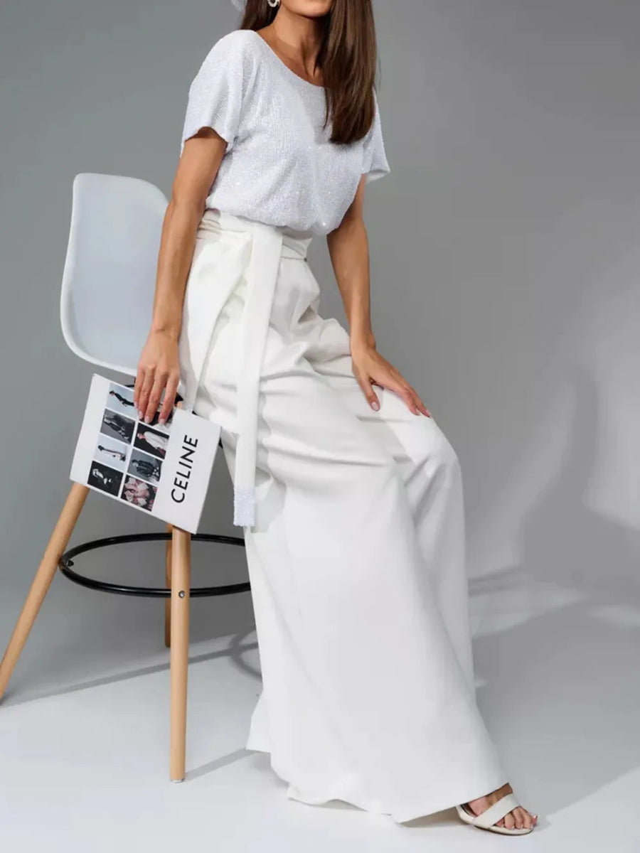 Full Size Sequin Round Neck Short Sleeve Wide Leg Jumpsuit - Deb Shops