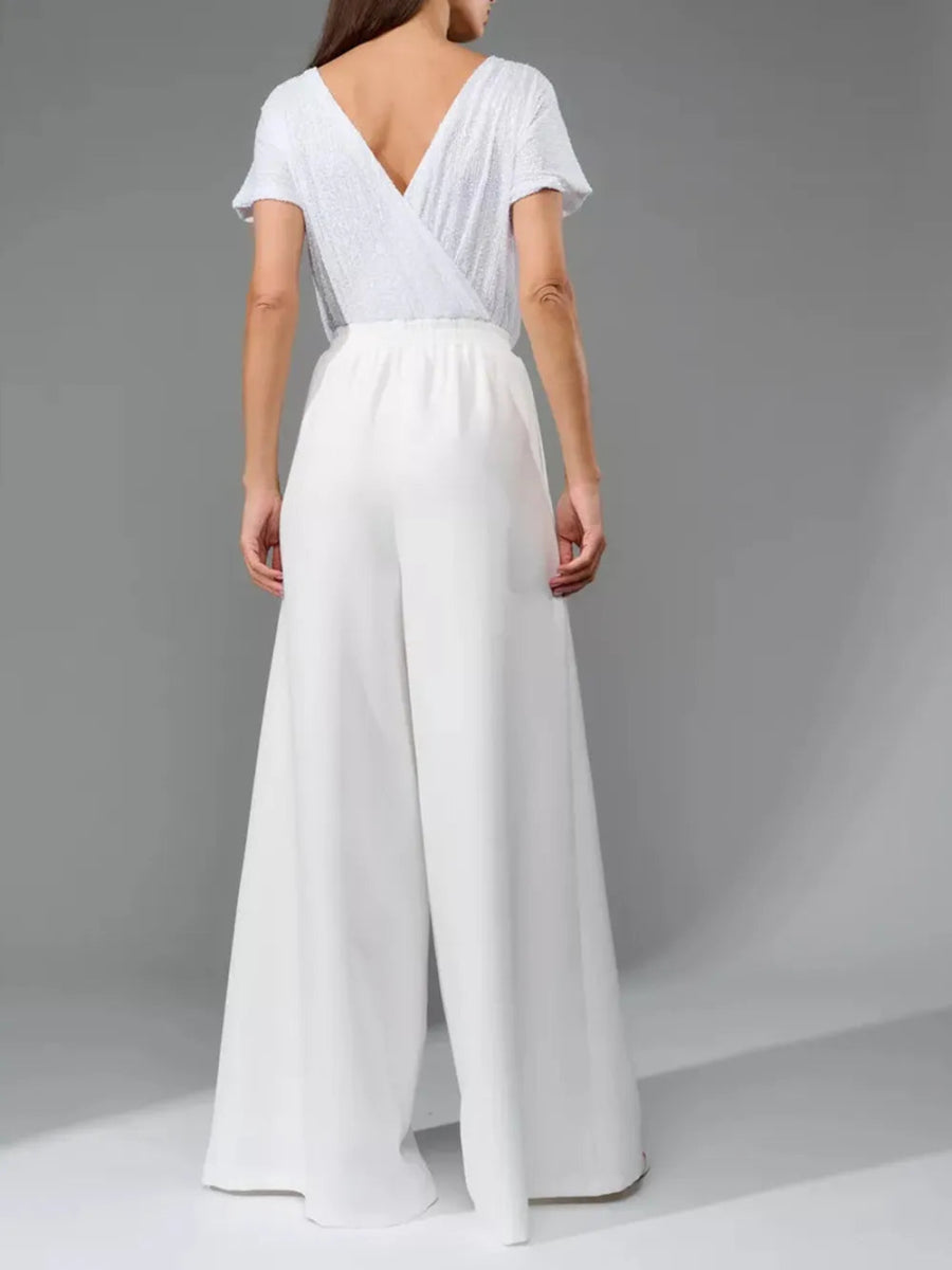 Full Size Sequin Round Neck Short Sleeve Wide Leg Jumpsuit - Deb Shops