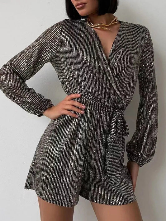 Full Size Sequin Surplice Tie Waist Long Sleeve Romper - Deb Shops