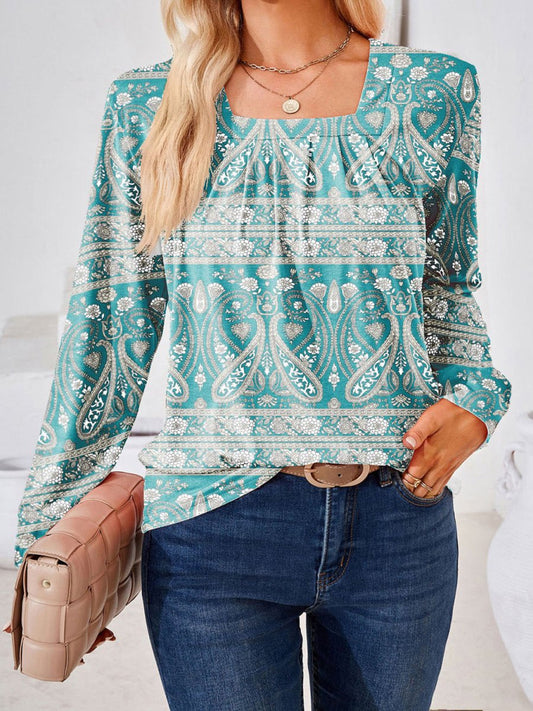 Full Size Square Neck Long Sleeve Blouse - Deb Shops