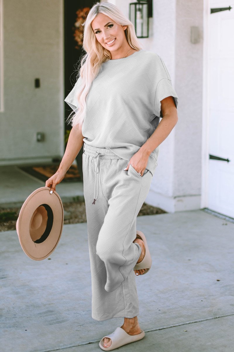 Full Size Texture Short Sleeve Top & Pants Set - Deb Shops