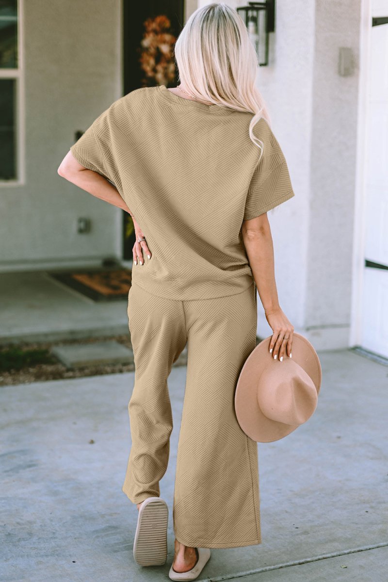 Full Size Texture Short Sleeve Top & Pants Set - Deb Shops