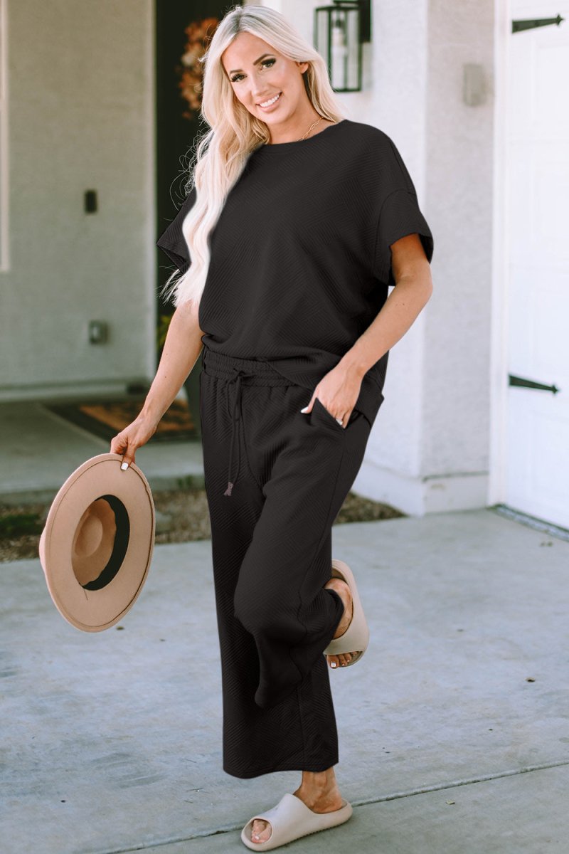 Full Size Texture Short Sleeve Top & Pants Set - Deb Shops
