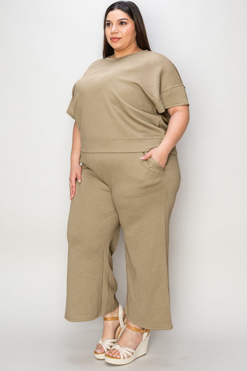 Full Size Texture Short Sleeve Top & Pants Set - Deb Shops