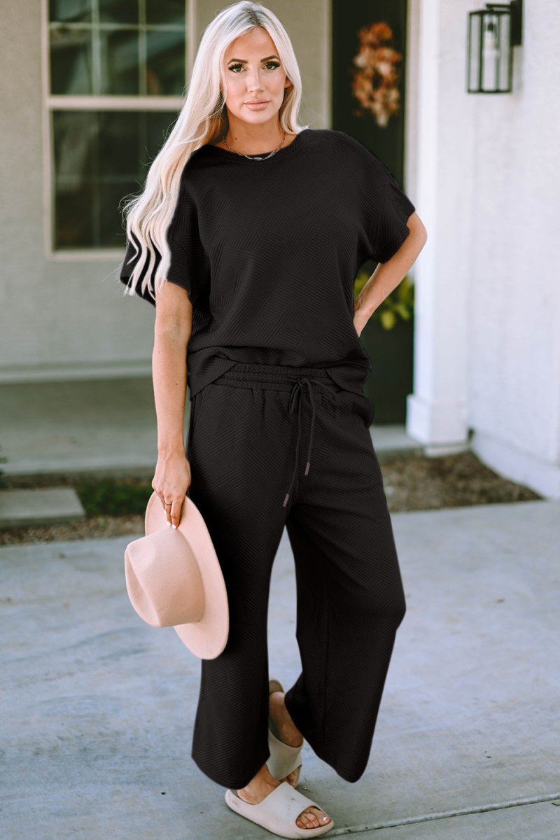 Full Size Texture Short Sleeve Top & Pants Set - Deb Shops