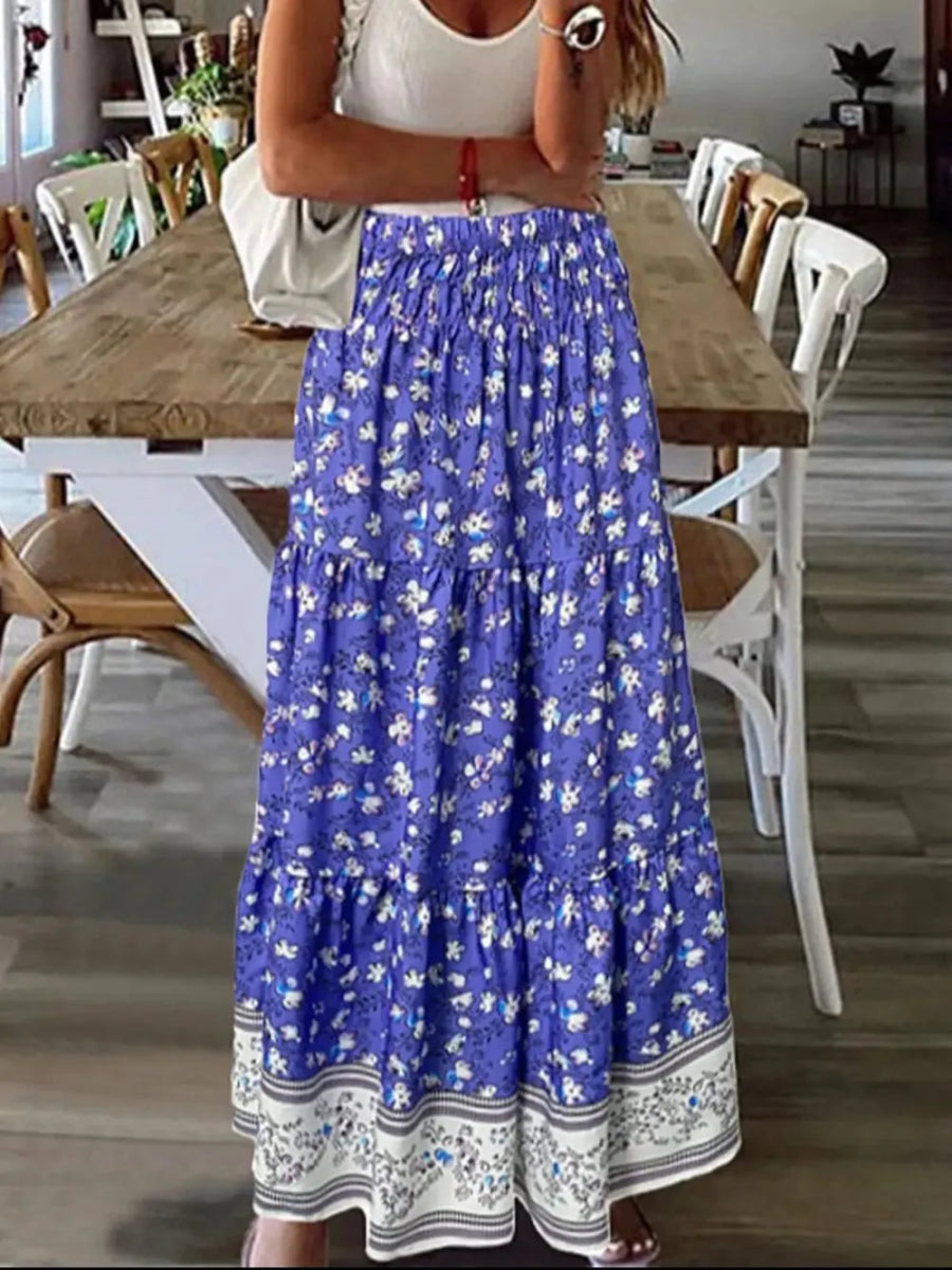 Full Size Tiered Printed Elastic Waist Skirt - Deb Shops