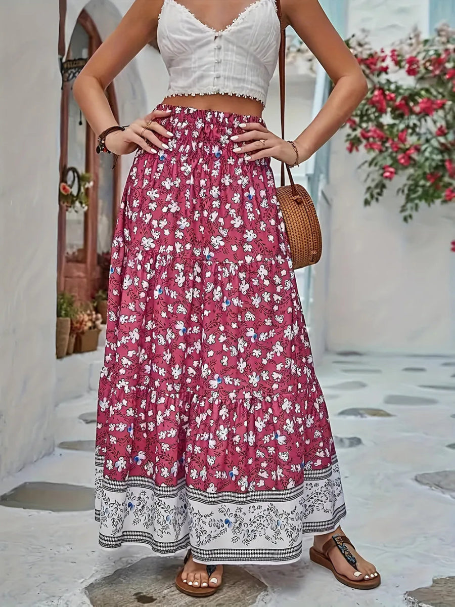 Full Size Tiered Printed Elastic Waist Skirt - Deb Shops