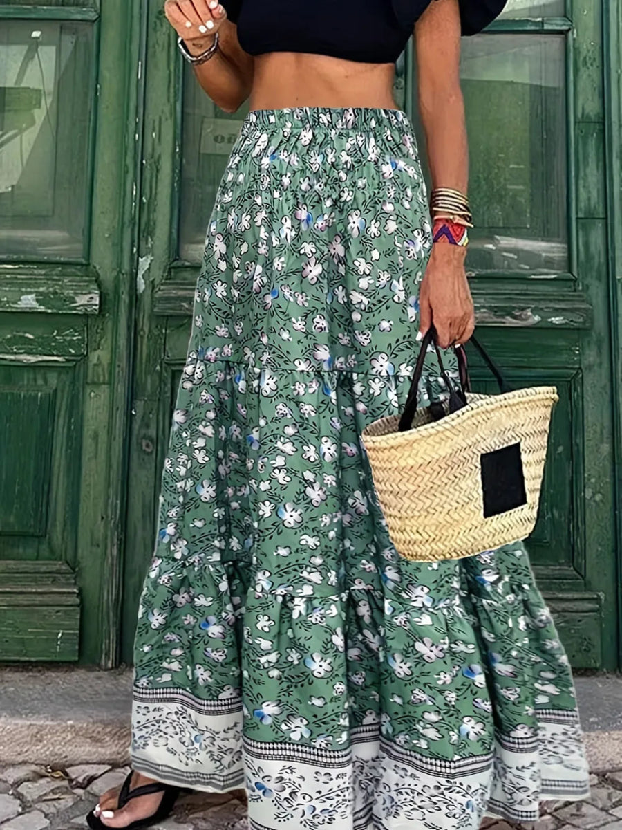 Full Size Tiered Printed Elastic Waist Skirt - Deb Shops