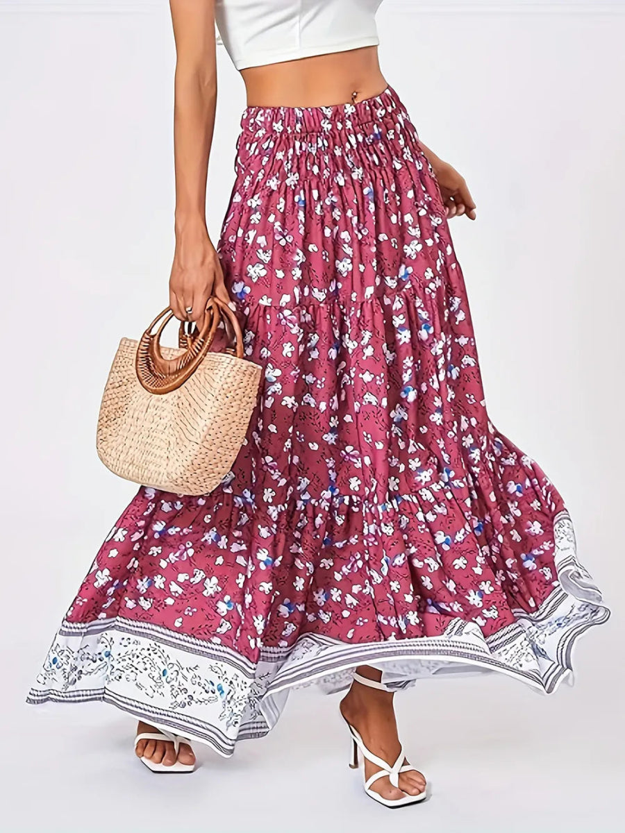 Full Size Tiered Printed Elastic Waist Skirt - Deb Shops