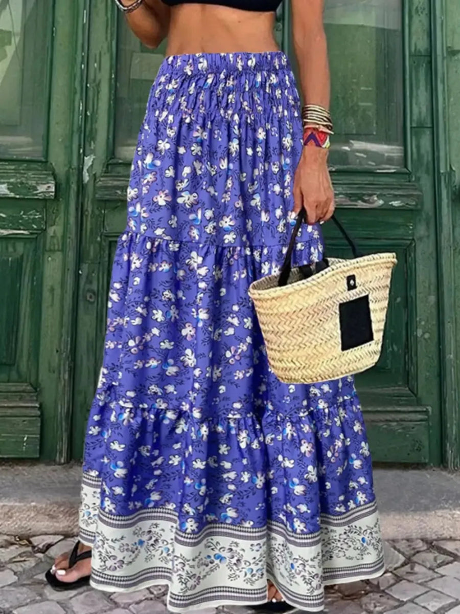 Full Size Tiered Printed Elastic Waist Skirt - Deb Shops