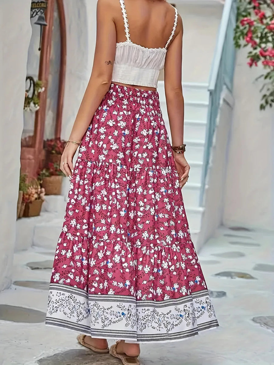 Full Size Tiered Printed Elastic Waist Skirt - Deb Shops
