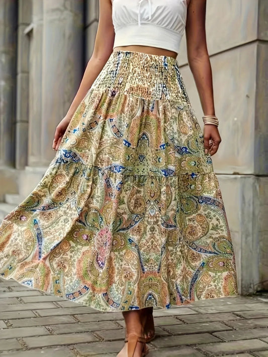 Full Size Tiered Smocked Printed High Waist Skirt - Deb Shops