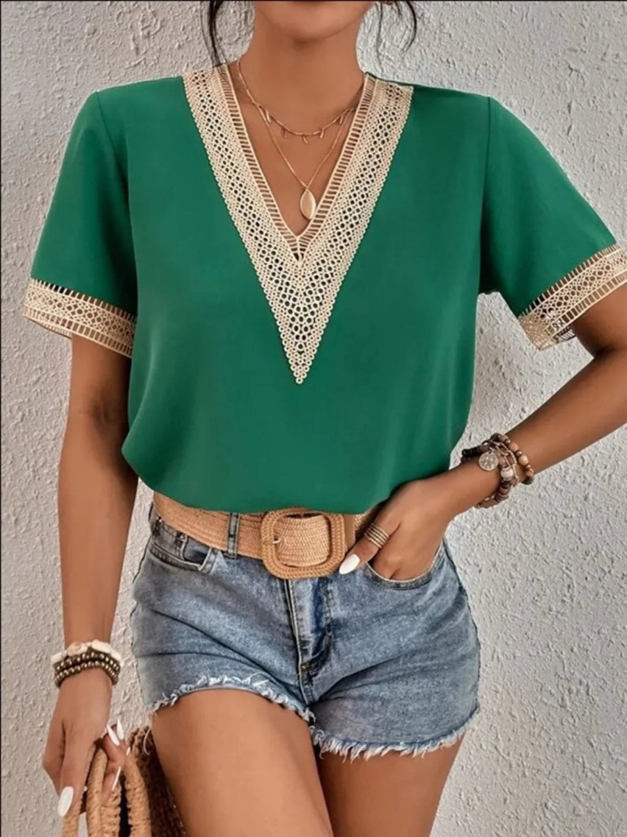 Full Size V - Neck Short Sleeve Blouse Plus Size - Deb Shops