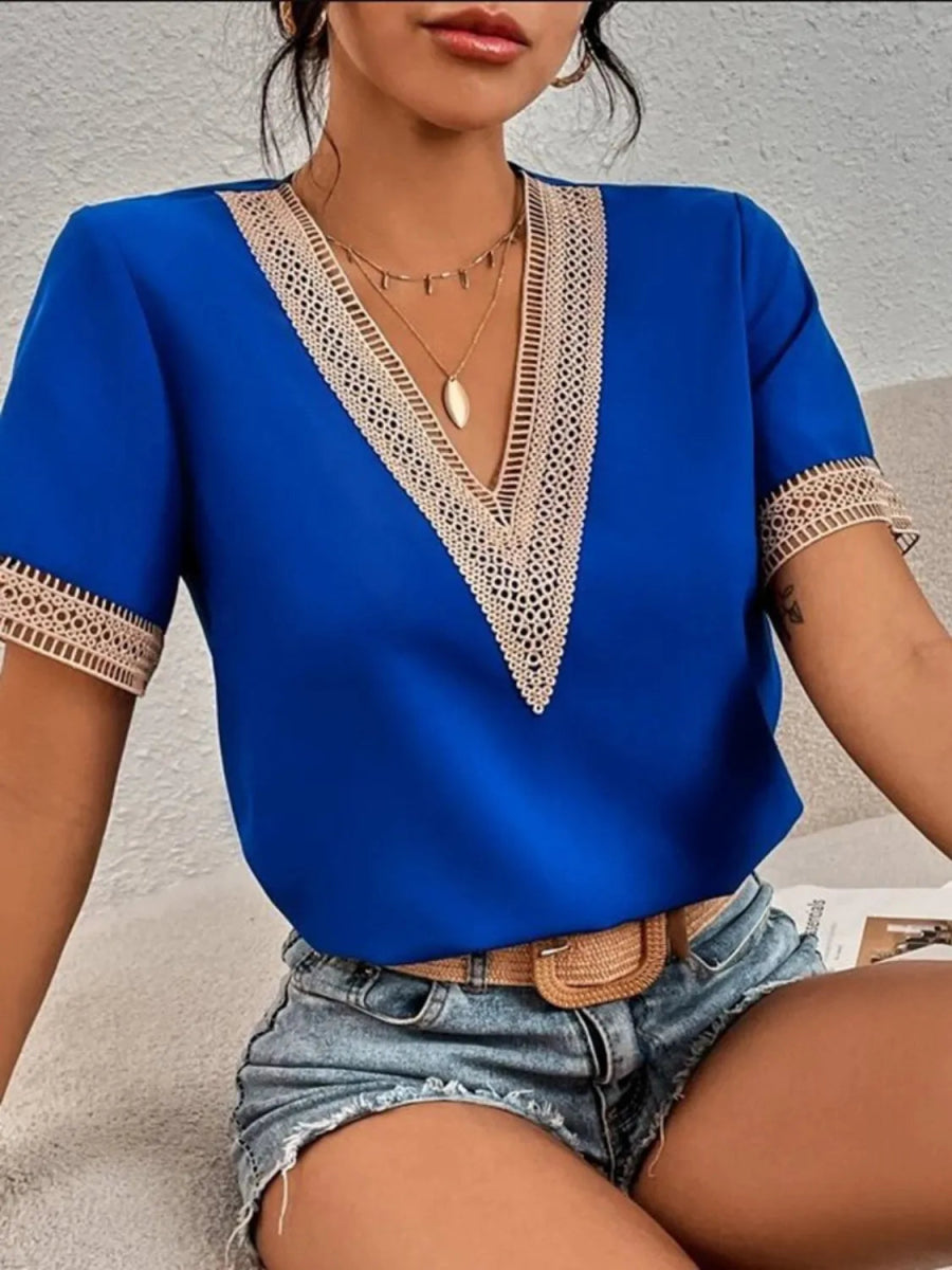 Full Size V - Neck Short Sleeve Blouse Plus Size - Deb Shops