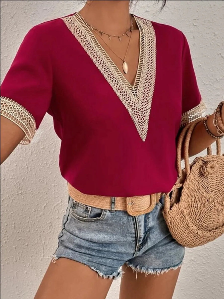 Full Size V - Neck Short Sleeve Blouse Plus Size - Deb Shops