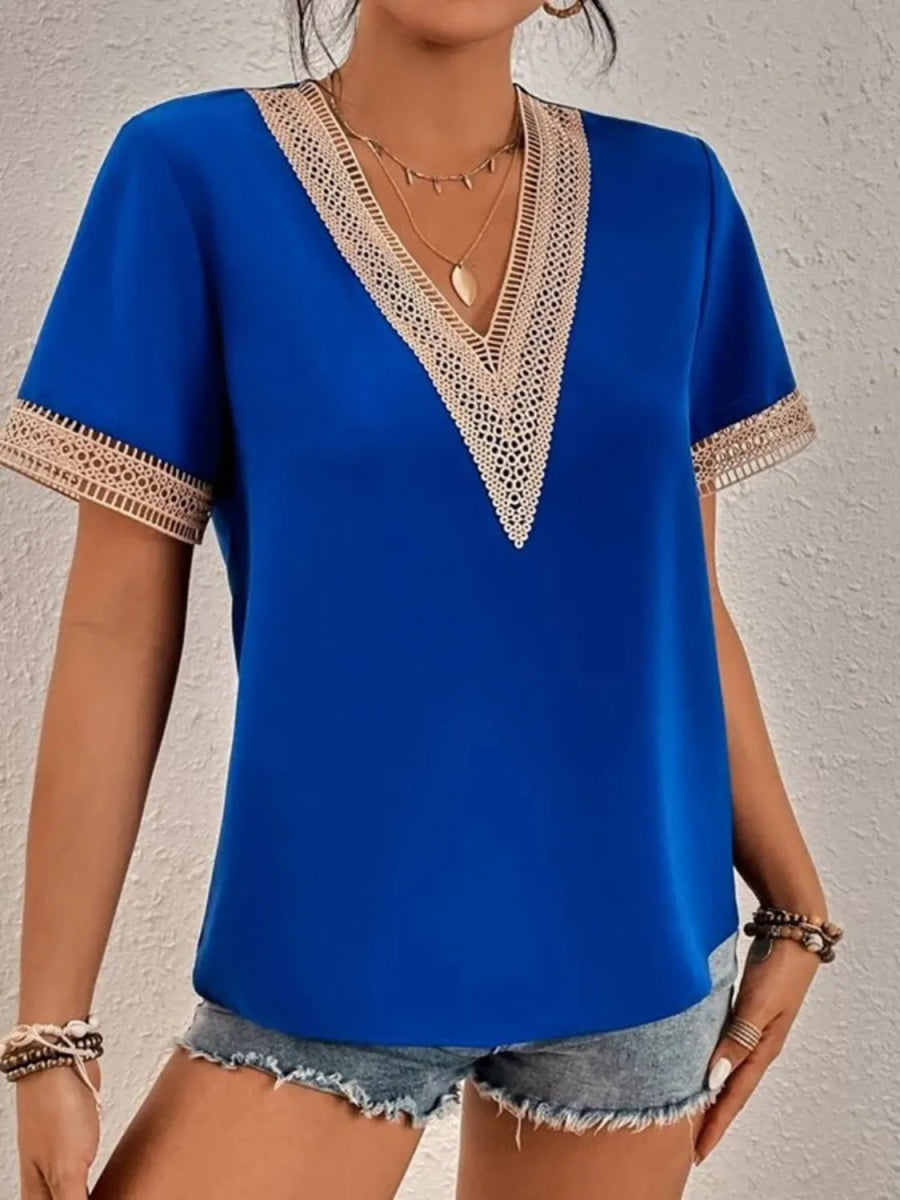 Full Size V - Neck Short Sleeve Blouse Plus Size - Deb Shops