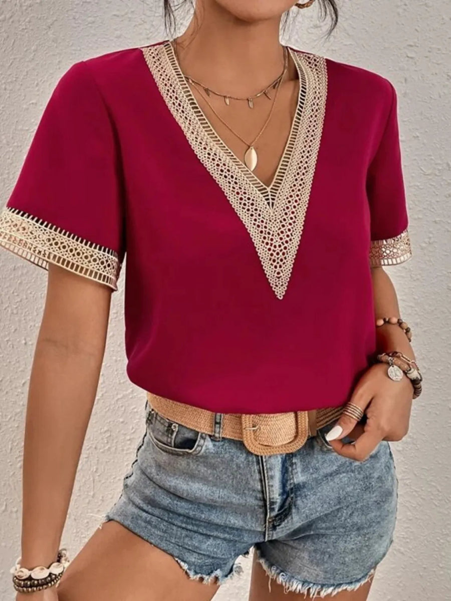 Full Size V - Neck Short Sleeve Blouse Plus Size - Deb Shops